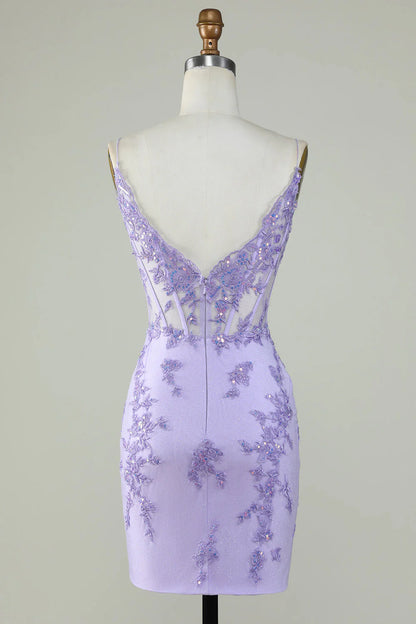 Glitter Corset Tight Purple Homecoming Dress With Appliques