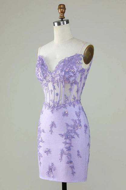 Glitter Corset Tight Purple Homecoming Dress With Appliques