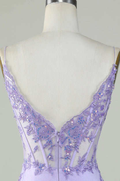 Glitter Corset Tight Purple Homecoming Dress With Appliques