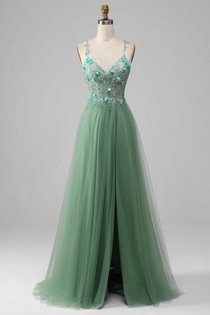 Green Sparkly A-Line Spaghetti Straps Corset Prom Dress With Appliques