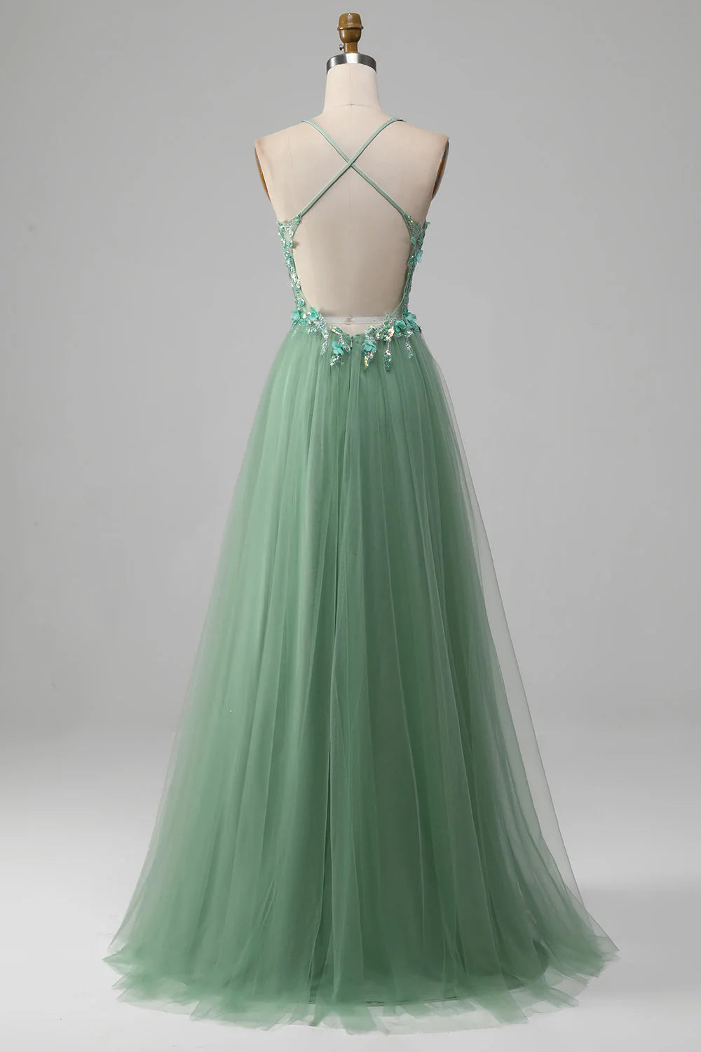 Green Sparkly A-Line Spaghetti Straps Corset Prom Dress With Appliques