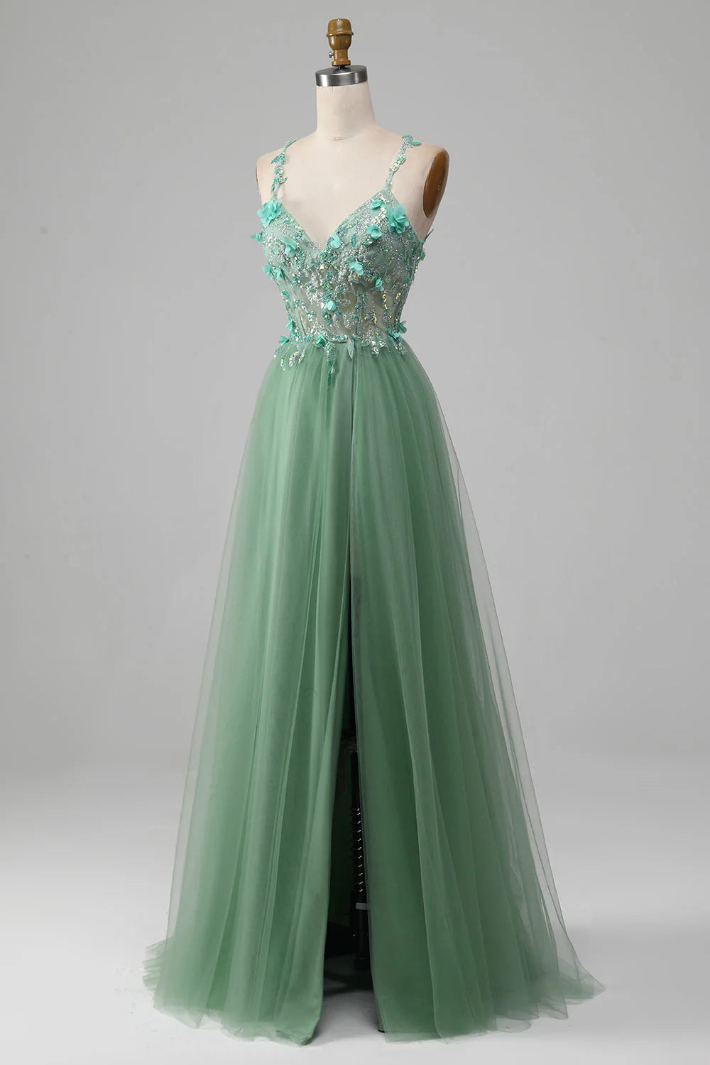 Green Sparkly A-Line Spaghetti Straps Corset Prom Dress With Appliques