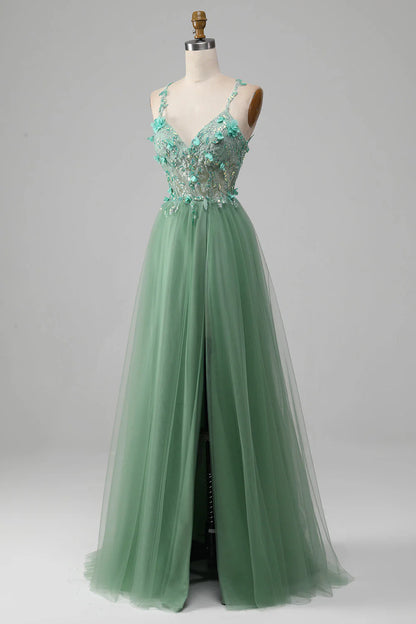 Green Sparkly A-Line Spaghetti Straps Corset Prom Dress With Appliques