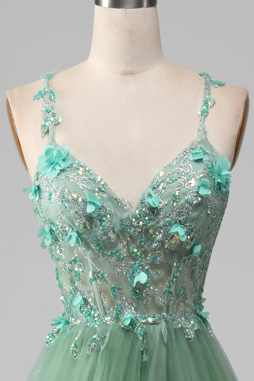 Green Sparkly A-Line Spaghetti Straps Corset Prom Dress With Appliques