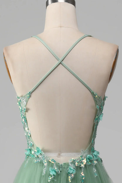 Green Sparkly A-Line Spaghetti Straps Corset Prom Dress With Appliques