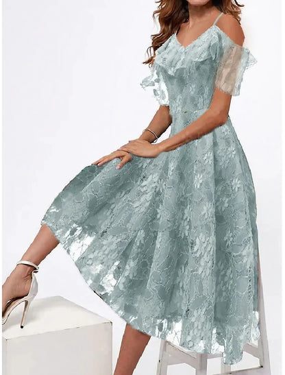 Women's Party Dress Homecoming Dress Lace Dress Swing Dress Midi Dress Light Blue Short Sleeve Floral Lace Summer Spring V Neck Fashion Wedding Guest Summer Dress