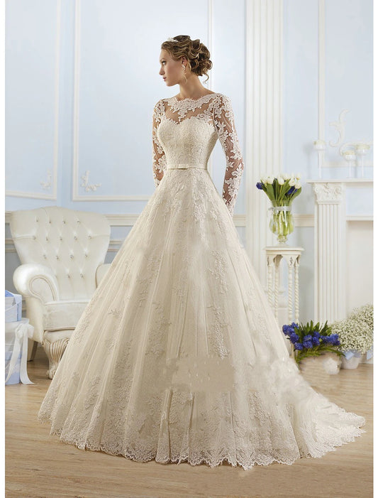 Weitese Engagement Formal Wedding Dresses Ball Gown Illusion Neck Long Sleeve Court Train Lace Bridal Gowns With Appliques 2024