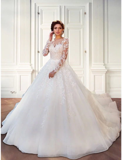 Weitese Engagement Formal Wedding Dresses Ball Gown Illusion Neck Long Sleeve Court Train Lace Bridal Gowns With Lace Appliques