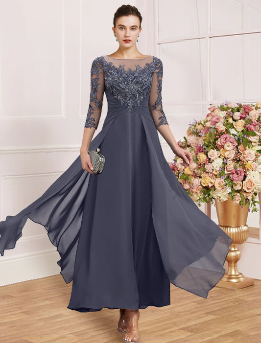 Weitese Sheath / Column Mother of the Bride Dress Wedding Guest Simple Elegant Jewel Neck Ankle Length Chiffon Lace 3/4 Length Sleeve with Pleats Sequin