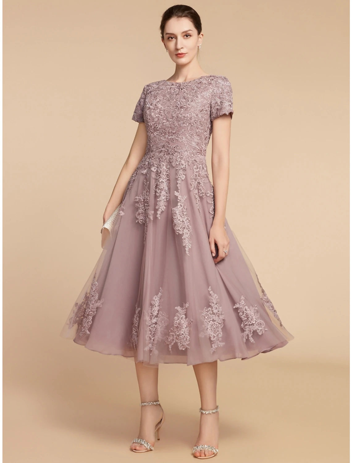 Weitese A-Line Mother of the Bride Dress Wedding Guest Elegant Petite Jewel Neck Tea Length Lace Tulle Short Sleeve with Ruching Flower