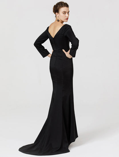 Prom Dresses Holiday Cocktail Party Sweep / Brush Train Long Sleeve V Neck Stretch Satin with Split Front