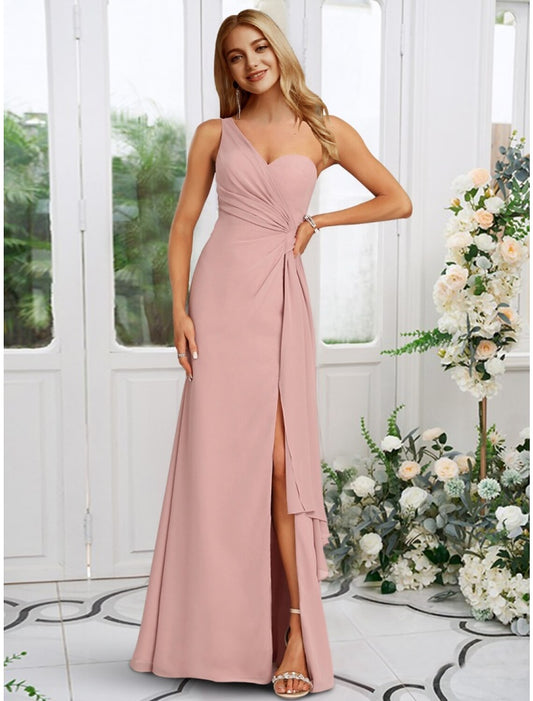 Weitese A-Line Bridesmaid Dress One Shoulder Sleeveless Elegant Floor Length Chiffon with Split Front / Ruching