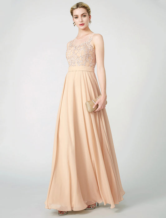 Weitese A-Line Classic & Timeless Keyhole Pastel Colors Holiday Cocktail Party Prom Dress Illusion Neck Sleeveless Floor Length Chiffon Beaded Lace with Pleats Appliques