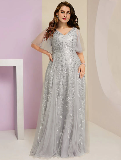 Weitese Mother of the Bride Dresses Plus Size Curve Hide Belly Party Sparkle & Shine V Neck Floor Length Lace Tulle Short Sleeve with Pleats Sequin