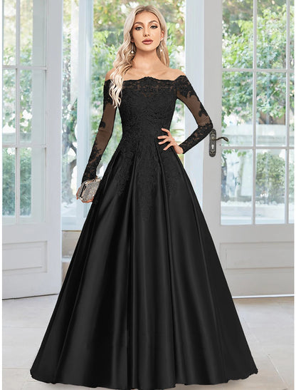 Weitese A-Line Evening Gown Floral Dress Formal Wedding Guest Court Train Long Sleeve Off Shoulder Satin with Appliques