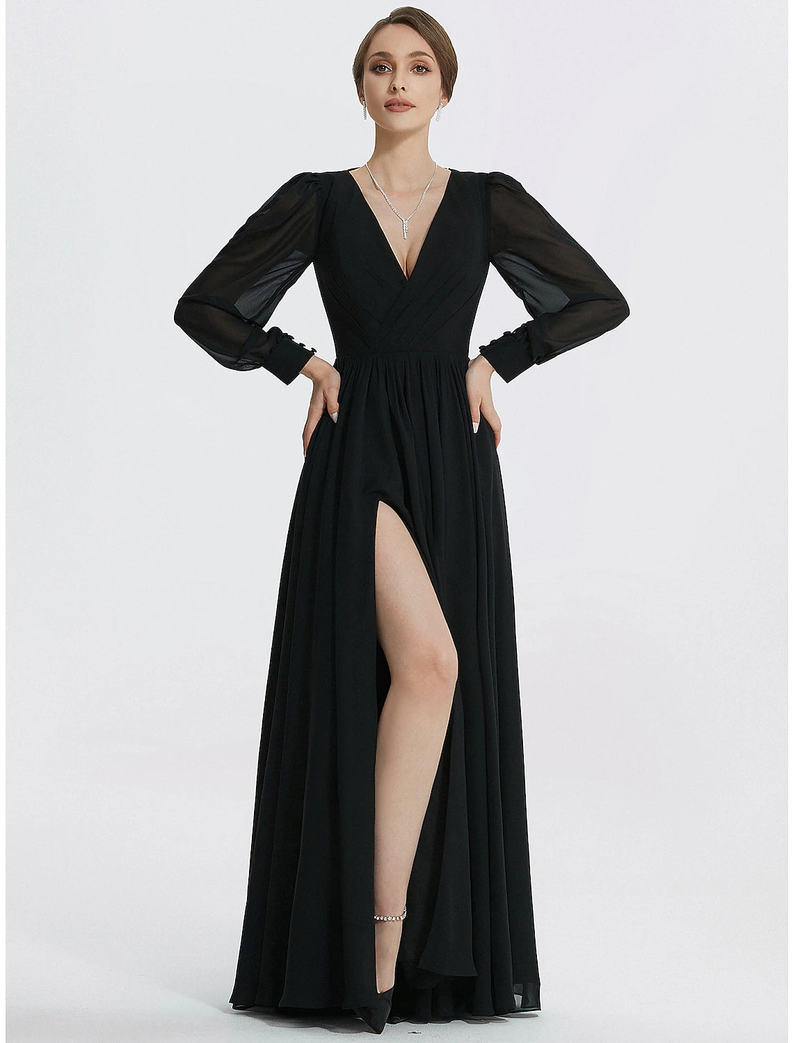 Weitese A-Line Evening Gown Elegant Dress Formal Floor Length Long Sleeve V Neck Chiffon with Slit