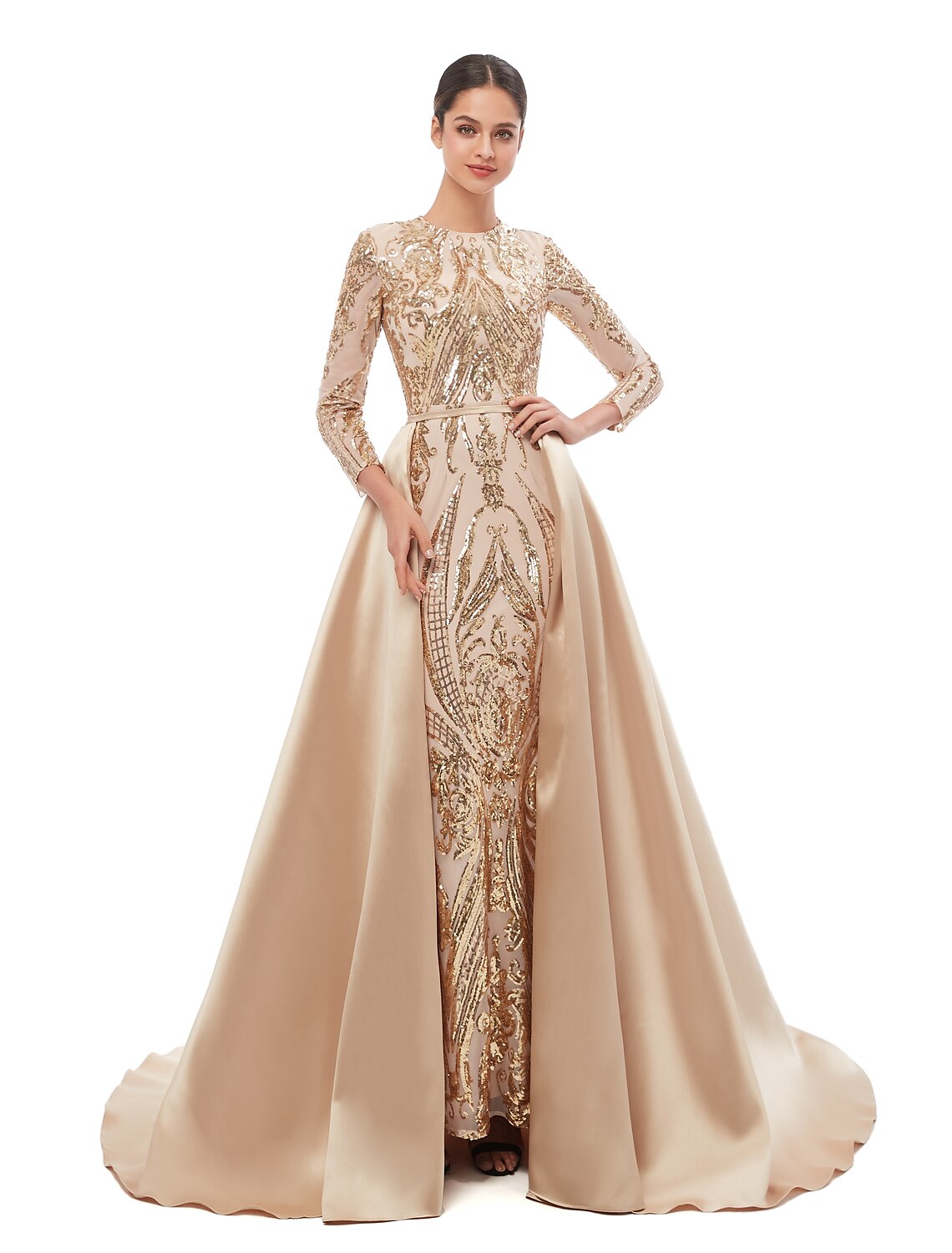 Weitese Mermaid / Trumpet Elegant Vintage Prom Formal Evening Dress Jewel Neck Long Sleeve Detachable Sequined with Sequin