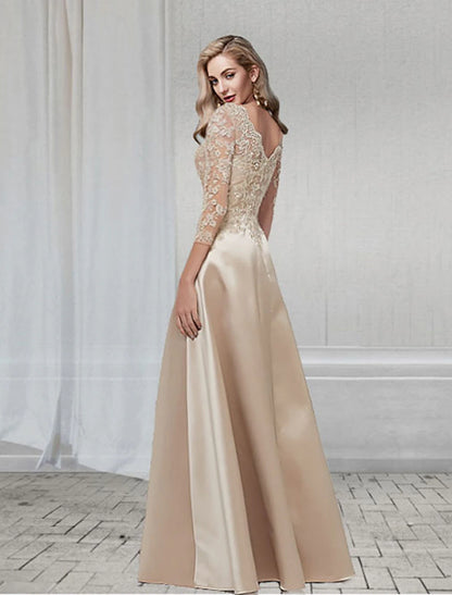 Weitese A-Line Evening Gown Elegant Dress Wedding Guest Formal Evening Floor Length 3/4 Length Sleeve V Neck Chiffon with Appliques