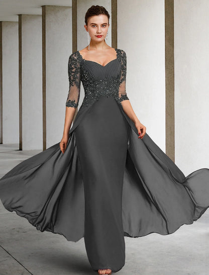 Weitese Sheath / Column Mother of the Bride Dress Formal Wedding Guest Party Elegant Square Neck Floor Length Chiffon Lace 3/4 Length Sleeve with Sequin Appliques Ruching