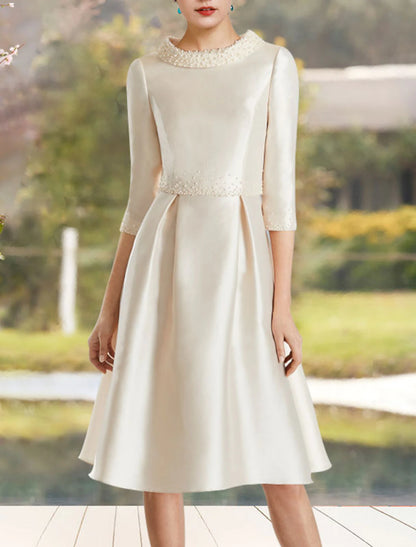 Weitese A-Line Mother of the Bride Dress Wedding Guest Elegant Jewel Neck Knee Length Satin Half Sleeve with Beading