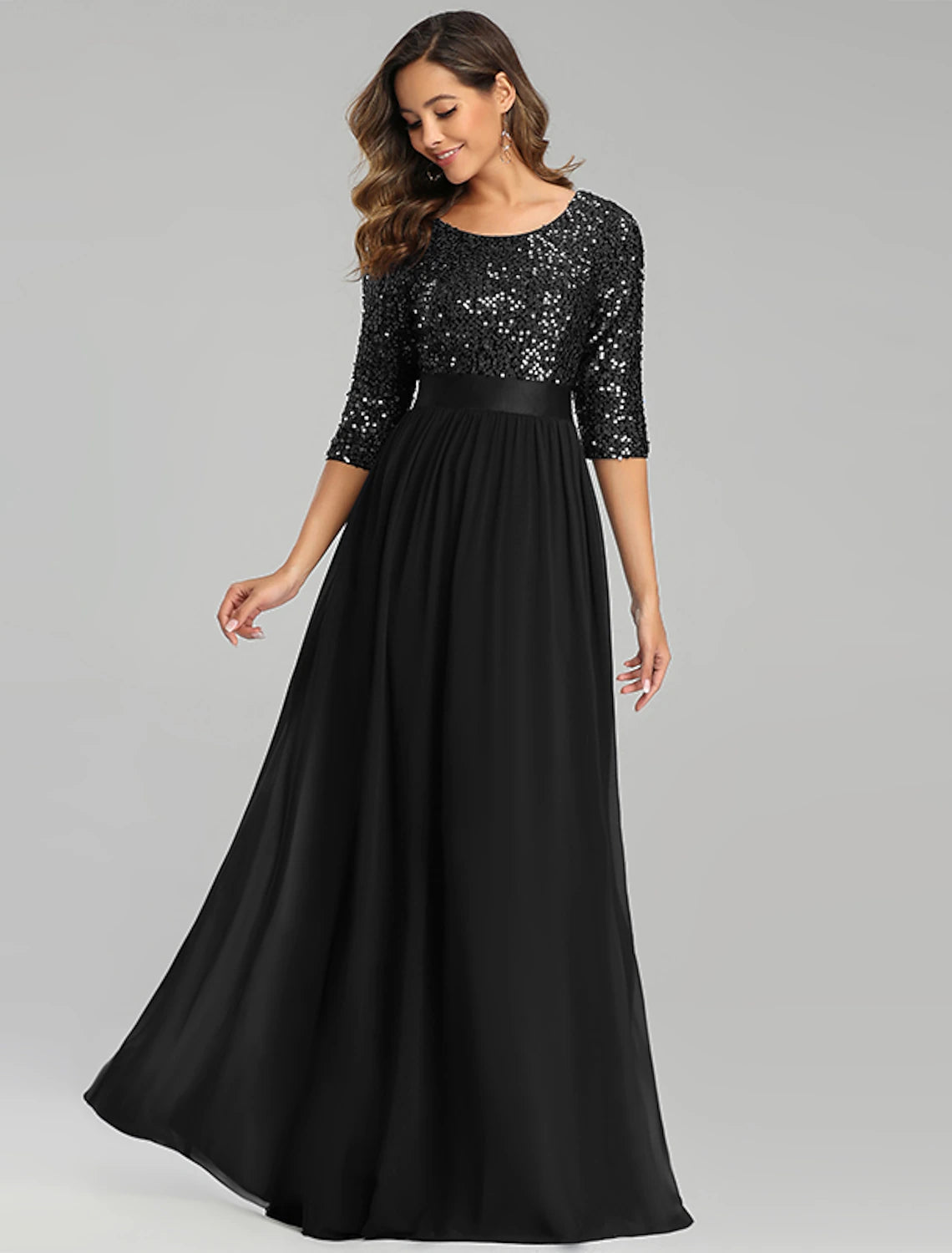 Weitese A-Line Mother of the Bride Dress Wedding Guest Plus Size Elegant Jewel Neck Floor Length Tulle Sequined 3/4 Length Sleeve with Sequin Fall