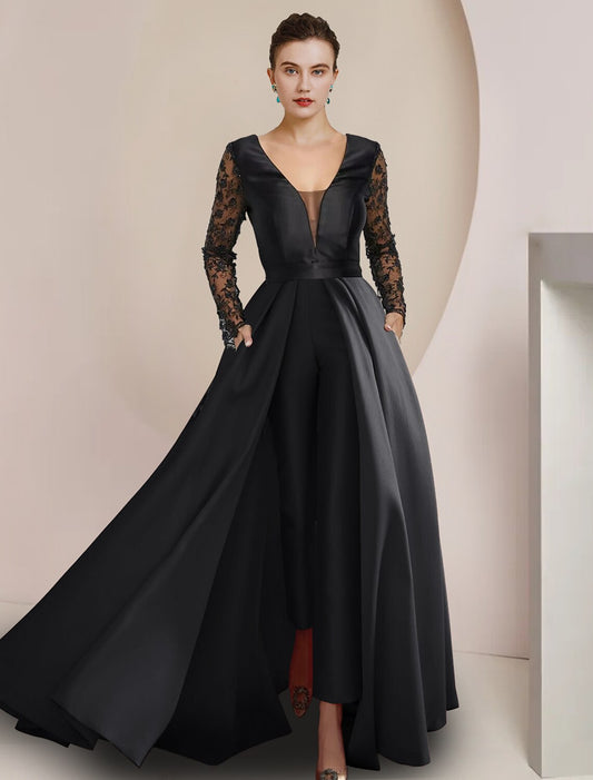 Weitese Jumpsuits Mother of the Bride Dress Formal Wedding Guest Party Elegant V Neck Floor Length Satin Lace Long Sleeve with Appliques