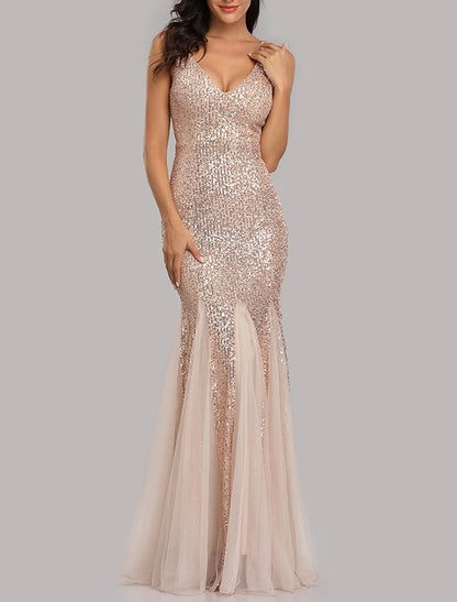 Weitese Mermaid / Trumpet Sparkle Sexy Party Wear Formal Evening Dress V Neck Sleeveless Floor Length Sequined with Sequin