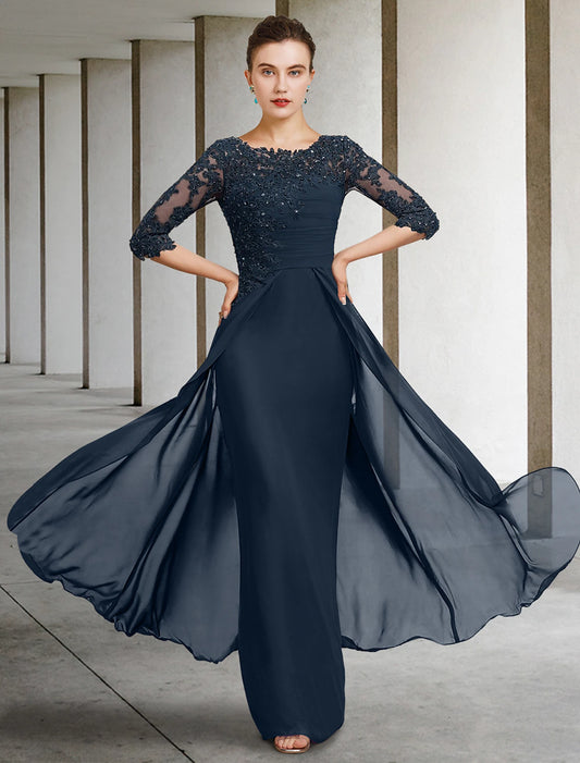 Weitese Sheath / Column Mother of the Bride Dress Wedding Guest Elegant Jewel Neck Floor Length Chiffon Lace Half Sleeve with Sequin Ruching Solid Color