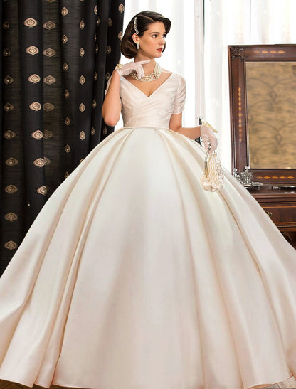 Weitese Engagement Formal Fall Wedding Dresses Ball Gown V Neck Short Sleeve Court Train Satin Bridal Gowns With Ruched Solid Color