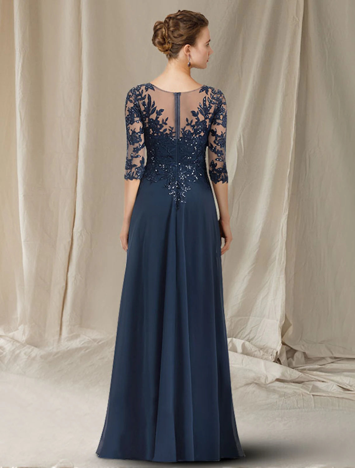 Weitese A-Line Mother of the Bride Dress Elegant V Neck Floor Length Chiffon Lace Sequined Half Sleeve with Sequin Appliques