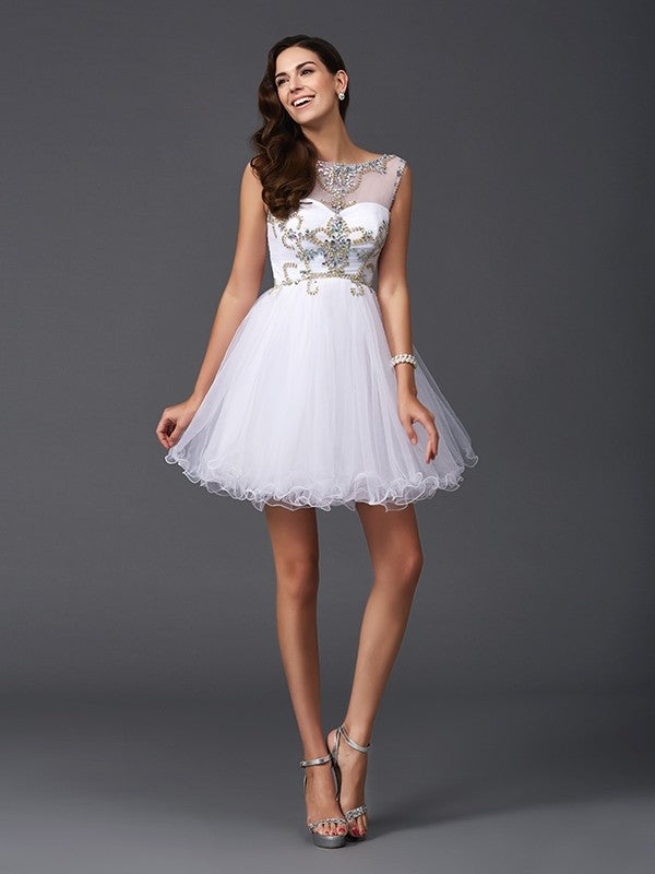 Weitese A-Line/Princess Scoop Beading Sleeveless Short Net Dresses