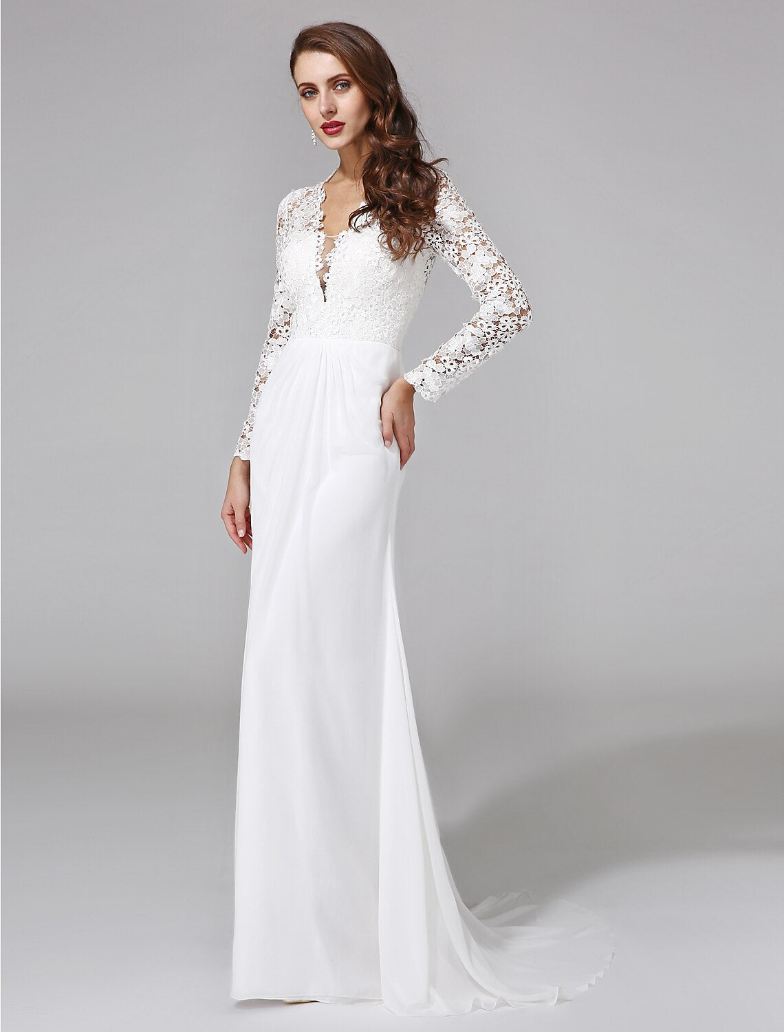 Weitese Beach Royal Style Boho Wedding Dresses Sheath / Column Illusion Neck Long Sleeve Sweep / Brush Train Chiffon Bridal Gowns With Lace Button