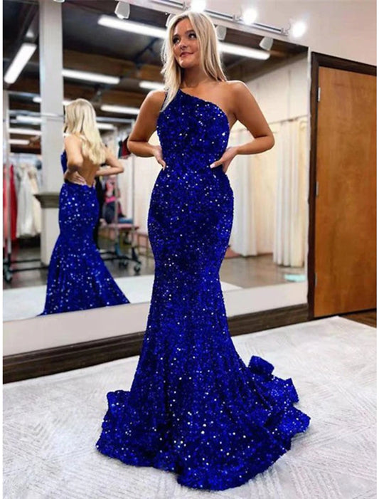 Weitese Mermaid / Trumpet Prom Dresses Sparkle & Shine Dress Formal Wedding Guest Floor Length Sleeveless One Shoulder Sequined Backless with Sequin