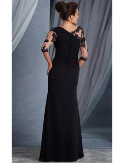 Weitese Sheath Black Dress Plus Size Evening Gown Elegant Dress Formal Evening Floor Length Half Sleeve Jewel Neck Fall Wedding Guest Lace with Appliques