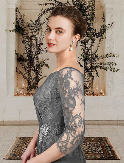 Weitese A-Line Mother of the Bride Dress Wedding Guest Plus Size Elegant Jewel Neck Floor Length Lace Short Sleeve with Ruffles Crystal Brooch Side-Draped Fall