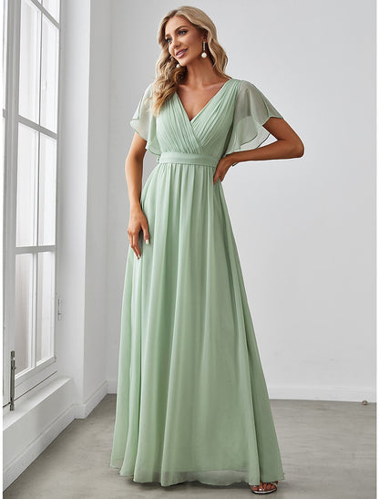 Weitese A-Line Bridesmaid Dress V Neck Short Sleeve Elegant Stretch Chiffon with Ruffles / Solid Color