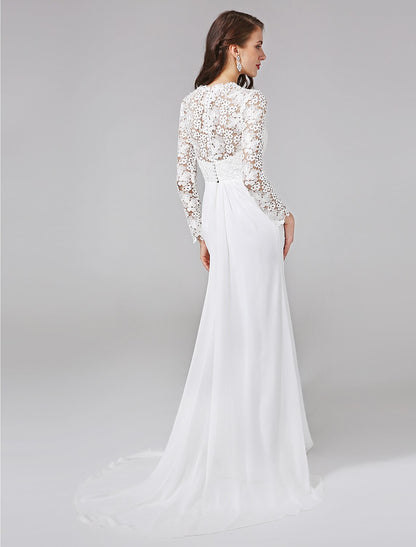 Weitese Beach Royal Style Boho Wedding Dresses Sheath / Column Illusion Neck Long Sleeve Sweep / Brush Train Chiffon Bridal Gowns With Lace Button