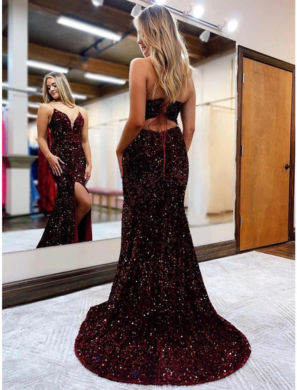 Weitese  Mermaid / Trumpet Prom Dresses Sparkle & Shine Dress Formal Wedding Party Court Train Sleeveless V Neck Sequined Backless with Sequin Slit