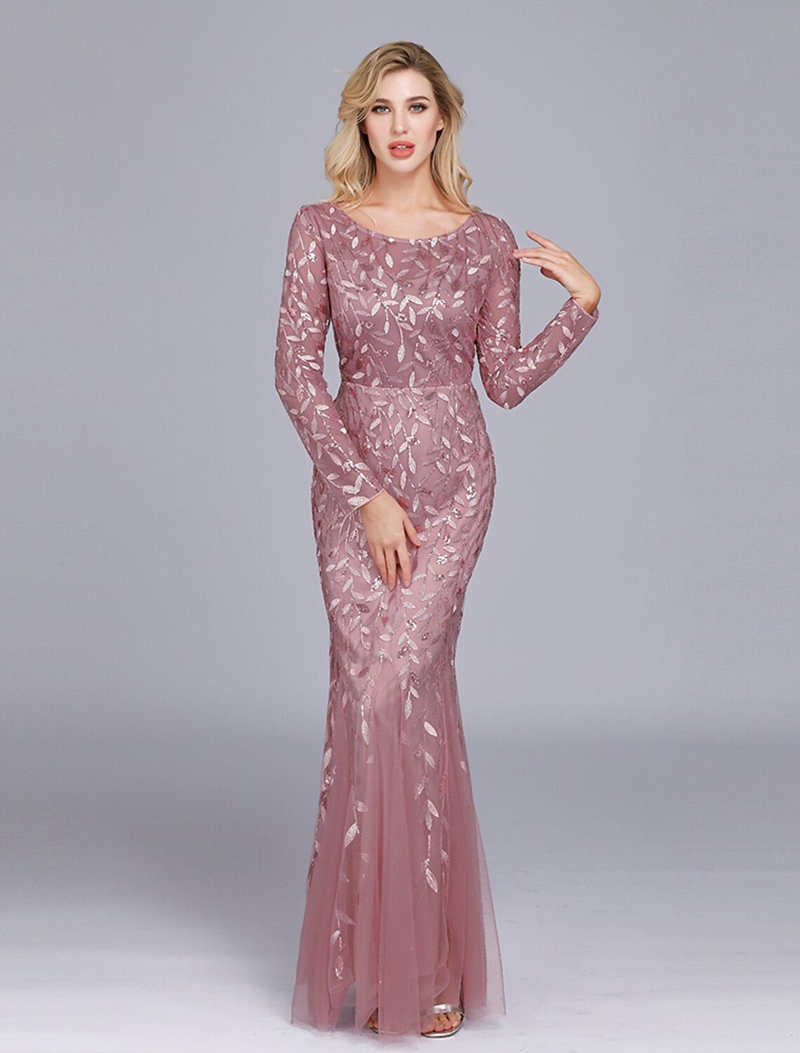 Weitese Mermaid / Trumpet Empire Elegant Party Wear Formal Evening Valentine's Day Dress Jewel Neck Long Sleeve Floor Length Tulle with Embroidery