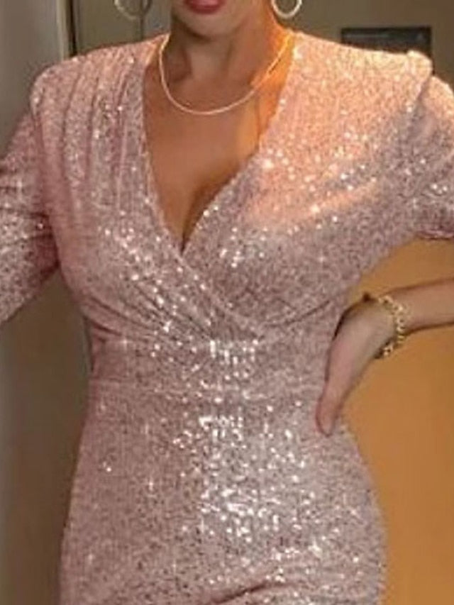 Women's Pink Sequin Dress Party Dress Sparkly Dress Semi Formal Homecoming Dress Mini Dress Half Sleeve Winter Fall V Neck Dress