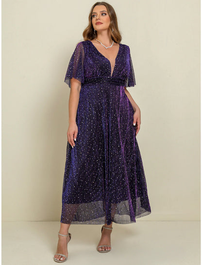 Weitese Women's Plus Size Curve Party Dress A Line Dress Tunic Dress Plain Long Dress Maxi Dress Short Sleeve Basic V Neck Elegant Wedding Purple Summer Spring