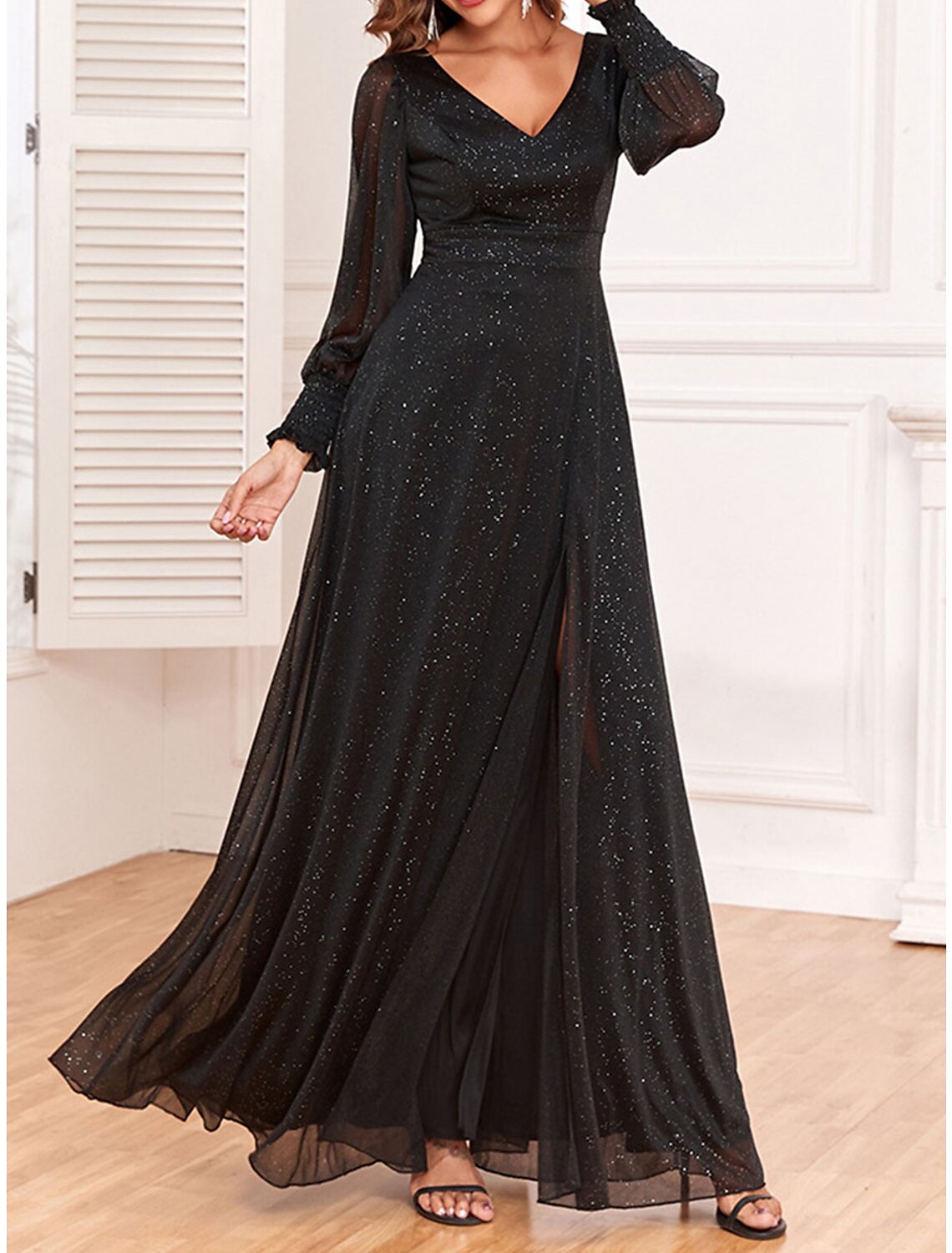 Weitese Women's Black Dress Prom Dress Party Dress Long Dress Maxi Dress Black Long Sleeve Dot Sparkly Spring Fall Winter V Neck Fashion Winter Dress Wedding Guest Evening Party