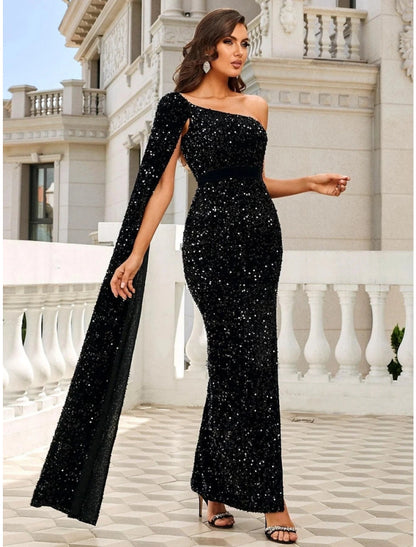 Weitese Mermaid / Trumpet Evening Gown Black Elegant Dress Formal Ankle Length Sleeveless One Shoulder Sequined with Glitter Slit