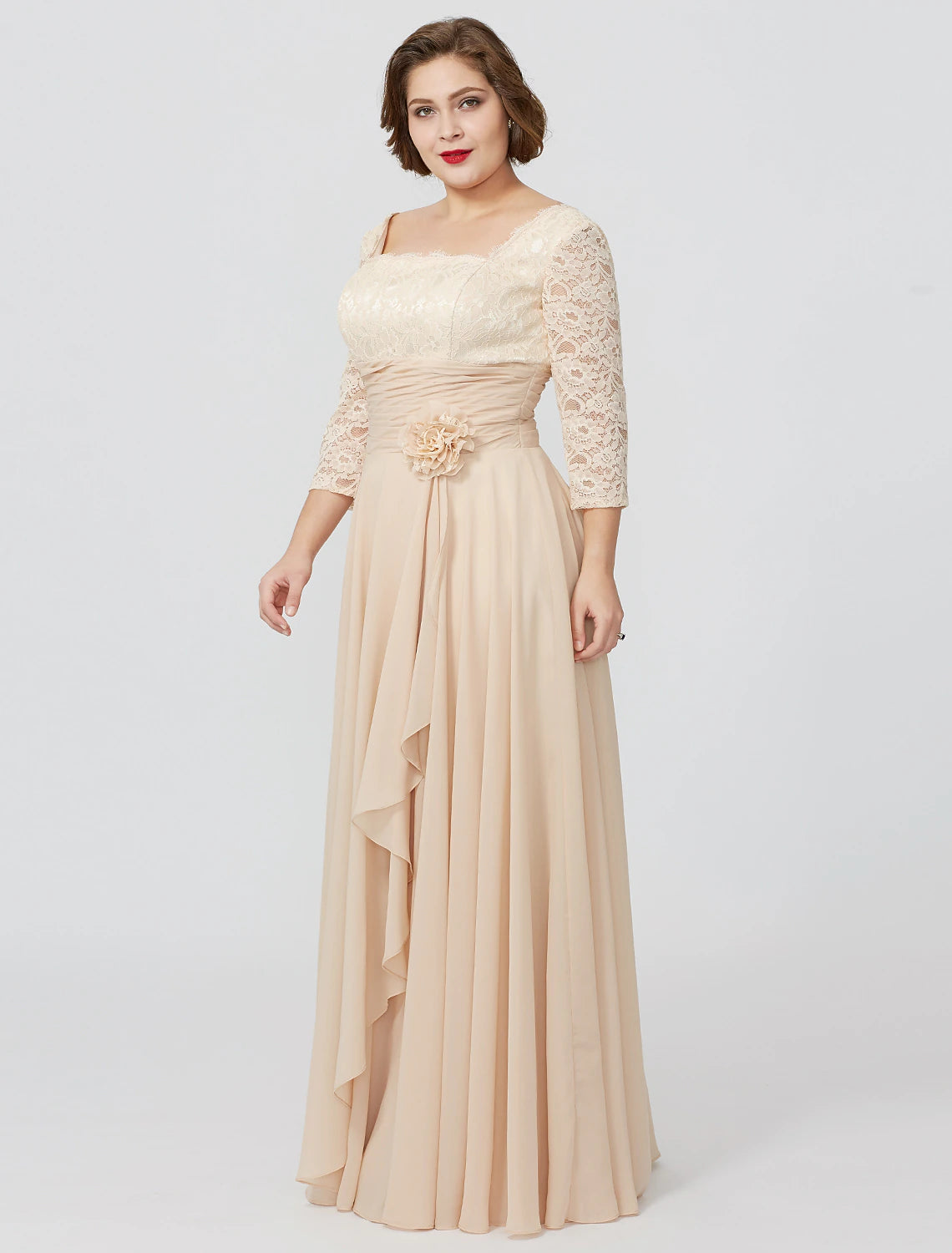 Weitese Sheath / Column Mother of the Bride Dress Formal Classic & Timeless Elegant & Luxurious Plus Size Square Neck Floor Length Chiffon Metallic Lace 3/4 Length Sleeve No with Sash / Ribbon Flower