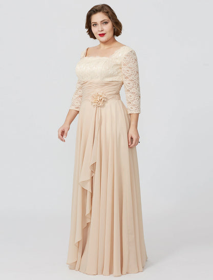 Weitese Sheath / Column Mother of the Bride Dress Formal Classic & Timeless Elegant & Luxurious Plus Size Square Neck Floor Length Chiffon Metallic Lace 3/4 Length Sleeve No with Sash / Ribbon Flower