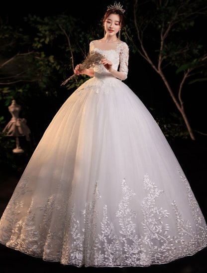 Weitese Reception Formal Wedding Dresses Ball Gown Illusion Neck Half Sleeve Floor Length Lace Bridal Gowns With Appliques