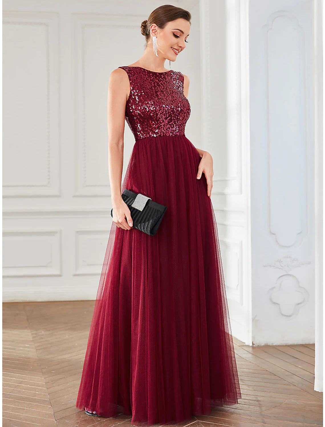 A-Line Party Dresses Elegant Dress Wedding Guest Floor Length Sleeveless Jewel Neck Tulle