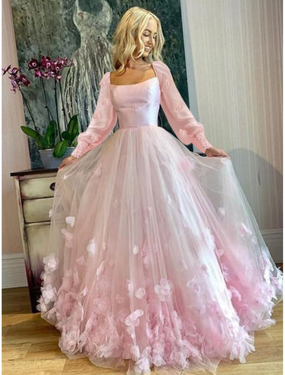 A-Line Evening Dresses Maxi Dress Wedding Guest Sweet 16 Floor Length Long Sleeve Scoop Neck Tulle