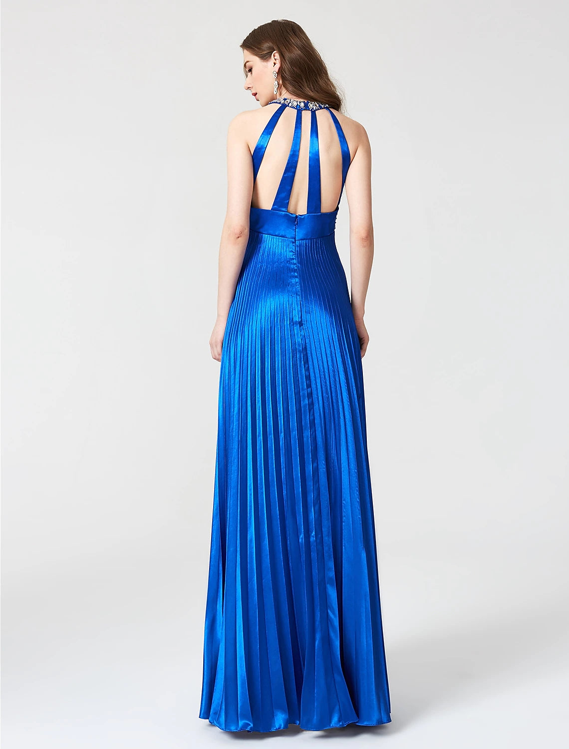 Weitese A-Line Beautiful Back Dress Holiday Cocktail Party Floor Length Sleeveless Jewel Neck Satin with Pleats Beading