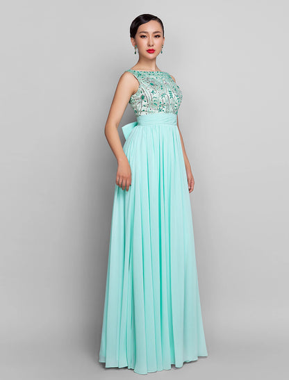 Weitese A-Line Beaded & Sequin Holiday Cocktail Party Prom Dress Scoop Neck Sleeveless Floor Length Chiffon with Bow(s) Ruched Beading